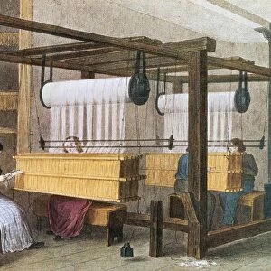 TEXTILE MANUFACTURE, 1840. Reeding and drawing at a Manchester cotton mill. Lithograph