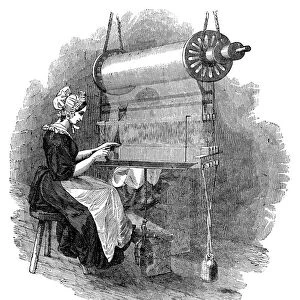 TEXTILE MANUFACTURE, 1841. Massachusetts mill-girl preparing the warp for the weaver. Wood engraving from an American newspaper of 1841