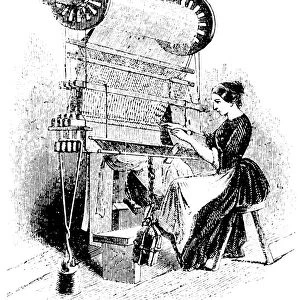 TEXTILE MANUFACTURE, 1850. A Massachusetts mill-girl drawing in - the process of threading the heddle-eyes with warp threads. Wood engraving