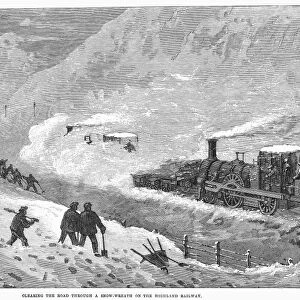 TRAIN IN SNOWSTORM, 1866. Clearing the snow for a Highland Railway train in Scotland. Wood engraving, English, 1866