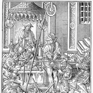 TRIAL OF A HERETIC. Engraving after a woodcut from Praxis Criminis Persequendi, published in Paris by Johannes Millaeus, 1541