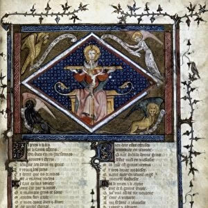 TRINITY. With Evangelist symbols from a mid-14th century French manuscript