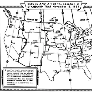 U. S. A. TIME ZONES MAP, 1883. An 1883 map of the United States showing the standard