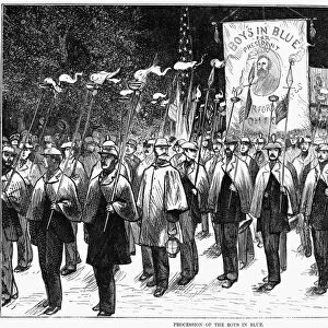 VETERAN MARCH, 1876. American Civil War veterans carrying the torch for Rutherford B. Hayes in Brooklyn, New York. Wood engraving from a contemporary American newspaper
