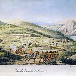 A view of the Presidio at San Francisco in the fall of 1816. Colored lithograph, French, 1822, after a drawing by Louis Choris