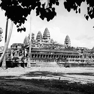 View of the temple ruins at Angkor Wat, Cambodia. Photographed in 1960