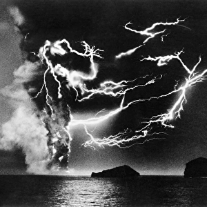 VOLCANIC LIGHTNING, 1963. Lightning in the clouds above the Surtsey volcano, off the southern coast of Iceland. Photographed by Sigurgeir Jonasson, December 1963