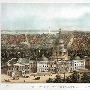 WASHINGTON, D. C. c1871. Bird s-eye view of Washington, D. C. with the Capitol building in the foreground, the U. S. Botanic Garden, Smithsonian Institution and the Washington Monument in the background. Chromolithograph, c1871