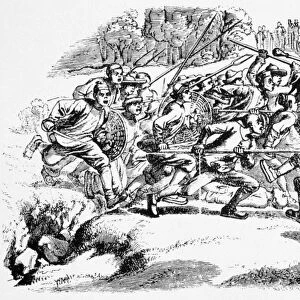 WEAVERVILLE TONG WAR, 1854. Chinese immigrant gold miners battling in the Weaverville Tong War, in northern California, 1854. Wood engraving, 19th century
