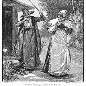 WITHCHCRAFT ACCUSATION. Goodwife Walford accused of witchcraft at Little Harbor, New Hampshire, in 1658. Wood engraving, 19th century