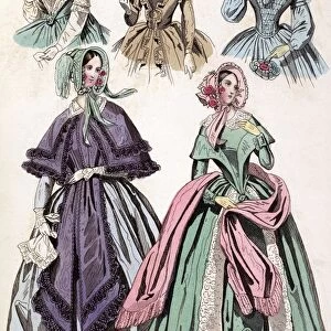 WOMENs FASHION, 1842. American color fashion print from Godeys Ladys Book of the latest styles from Paris, May 1842