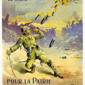 WORLD WAR I: FRENCH POSTER. Commit Your Gold for the Homeland. Shells and gold coins falling on a German soldier on the battlefield. Lithographic poster by Fernand Jean Barbier, 1914, encouraging French citizens to exchange their gold for paper, as gold was needed to pay for foreign imports