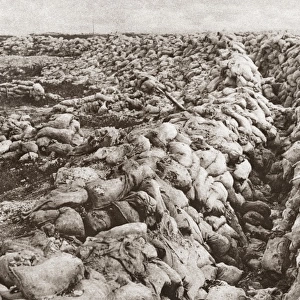 WORLD WAR I: SAND BAGS. Miles of sand bags employed in the construction of a British