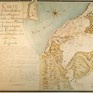 YORKTOWN: SIEGE MAP, 1781. Map showing the British fortifications and the siege lines of the French and American forces at Yorktown, Virginia, in 1781. Watercolor drawn for General Lafayette by Major Capitaine