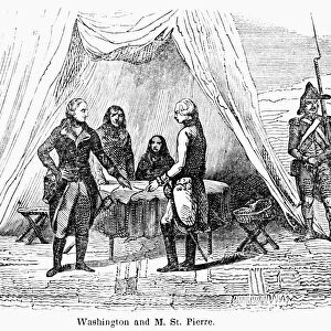 Young George Washington meeting with French military commander Jacques Legardeur de Saint-Pierre in 1753. Line engraving from The Book of the Colonies, by John Frost, published in 1846