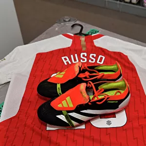 Alessia Russo Unveils New Adidas Boots in Arsenal Women's Changing Room Before Arsenal vs Everton (Barclays Women's Super League, 2023-24)
