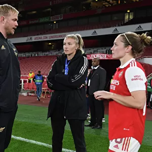 Arsenal Women's UEFA Champions League Victory: Jonas Eidevall's Team Celebrates with Kim Little and Leah Williamson