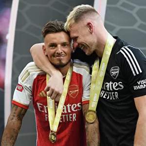 Arsenal's Ben White and Aaron Ramsdale Celebrate at FA Community Shield Final vs Manchester City, 2023-24