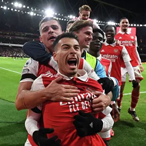 Arsenal's Martinelli Scores Second Goal, Celebrates with Xhaka, Holding, and Saka vs. West Ham United (2022-23)