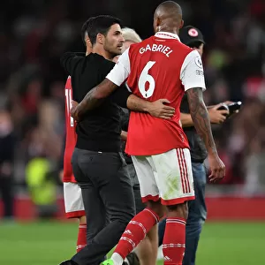 Arsenal's Mikel Arteta and Gabriel Magalhaes Celebrate Victory over Aston Villa in 2022-23 Premier League