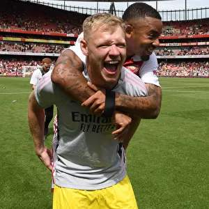 Arsenal's Ramsdale and Jesus Celebrate after Arsenal v Sevilla Pre-Season Friendly