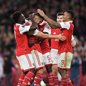 Arsenal's Xhaka and Saka Celebrate Goal Against PSV Eindhoven in Europa League
