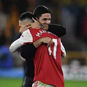 Arteta and Martinelli Celebrate Arsenal's Win over Wolverhampton Wanderers in the Premier League (2022-23)