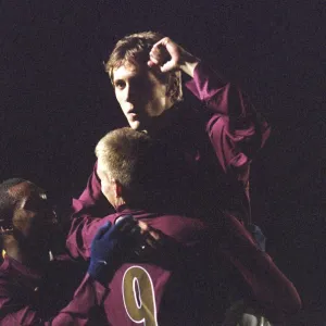 Arturo Lupoli celebrates scoring Arsenals 2nd with Nicklas Bendtner and Jay Simpson