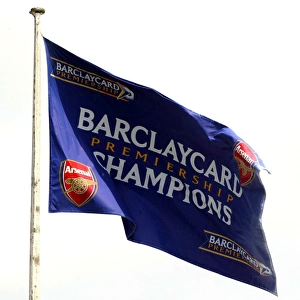 Champions flags fly above Arsenal Stadium. Arsenal 2: 1 Leicester City