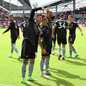 Triumphant Moment: Fabio Vieira and Gabriel Martinelli Celebrate Their Goals for Arsenal at Brentford (2022-23)