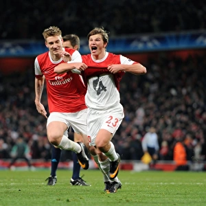 Unforgettable Moment: Arshavin and Bendtner's Euphoric Celebration after Arsenal's Goal vs. Barcelona in the Champions League (2:1, Round 16, 1st Leg)