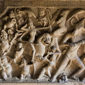 A bas relief carving in granite at Mamallapuram in Tamil Nadu, India