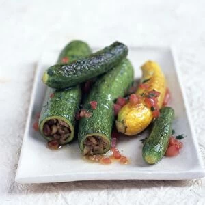 Ablama, Syrian dish of green and yellow courgettes stuffed with lamb, pine nuts, and tomatoes