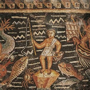 Algeria, Djemila, Detail of fisherman in Mosaic work depicting Venus at her toilet