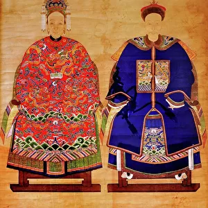 Ancient Chinese painting, portrait of a Chinese dignitary with his wife, tempera on canvas, Qing period 1644-1911