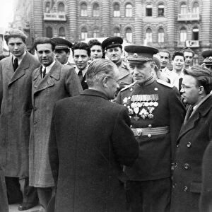 Third anniversary of the liberation of hungary, zoltan tildy, president of the hungarian republic, welcoming the delegation of the soviet army headed by colonel-general kurassov, budapest, hungary, april 1948