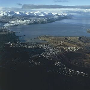 Argentina, Tierra del Fuego, Aerial view of Ushuaia and Beagle Channel