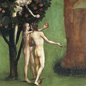 Austria, Vienna, Hieronymus Bosch (1450-1516), The Last Judgment triptych, central panel, Adam and Eve receiving the Apple from the Snake, detail, 1504