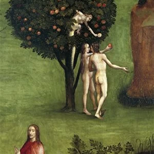Austria, Vienna, Hieronymus Bosch (1450-1516), The Last Judgment triptych, Central panel, Adam and Eve receiving the Apple from the Snake, detail, 1504