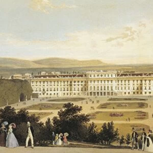 Austria, Vienna, view of Schonbrunn Palace (Schloss Schonbrunn) Habsburg Imperial residence, colored print