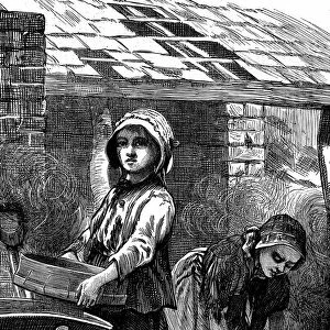 Barefoot girls sifting dust in a brickyard. Dust was coal, or iron and coal dust