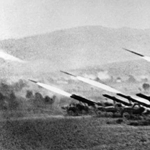 A battery of soviet katyusha rockets firing in the carpathian mountains during world war 2, 1944