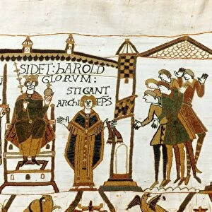 Bayeux Tapestry 1067. Harold II crowned King of England, 6 January 1066. Harold enthroned