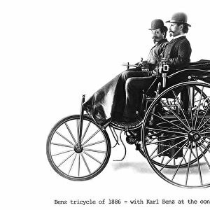 Benz tricycle of 1886 with Karl Benz (1844-1929), German engineer and car manufacturer