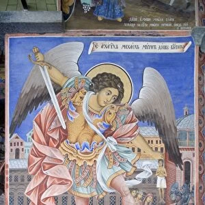 Bulgaria, Rila Monastery, fresco of St Michael Archangel at church of Nativity of Virgin