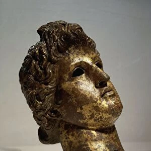 Bulgaria, Sofia, Serdica, Head of Apollo (Phoebus), Roman copy (2nd-3rd century A. D. ) after the original sculpture by Praxiteles (circa 370- 330 B. C. ), gilded bronze