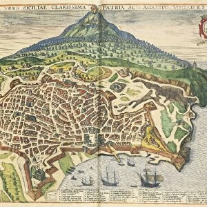 The city of Catania, from Civitates Orbis Terrarum by Georg Braun, 1541-1622 and Franz Hogenberg, 1540-1590, engraving