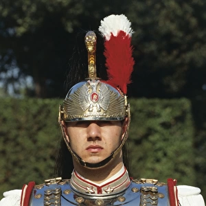 Close up of cuirassier wearing armor and helmet