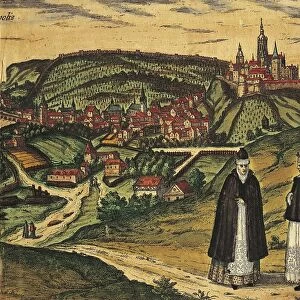 Czech Republic, Prague, View of the city with the citadel in the background, color engraving from Civitates Orbis Terrarum by Georg Braun (1541-1622) and Franz Hogenberg (1535-1590)