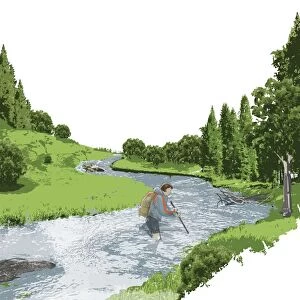 Digital illustration of female hiker safely crossing fast-flowing river using walking staff to asses depth